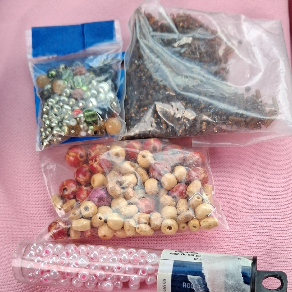 Mixed Bead Lot — Pink, Red, Natural Wood, Pearl